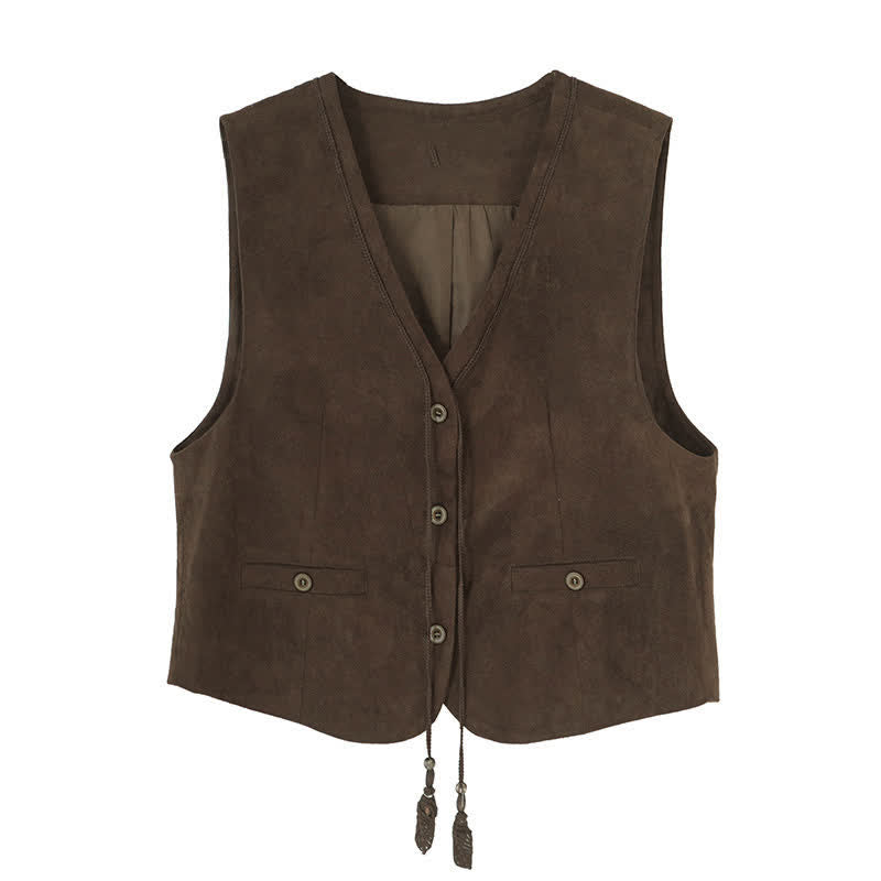 Buddha Stones Lässiges Vintage-Tanktop mit Knopfleiste, Kordelzug und V-Ausschnitt aus einfarbiger Baumwolle für Damen – die perfekte Weste für den Herbst - image 1