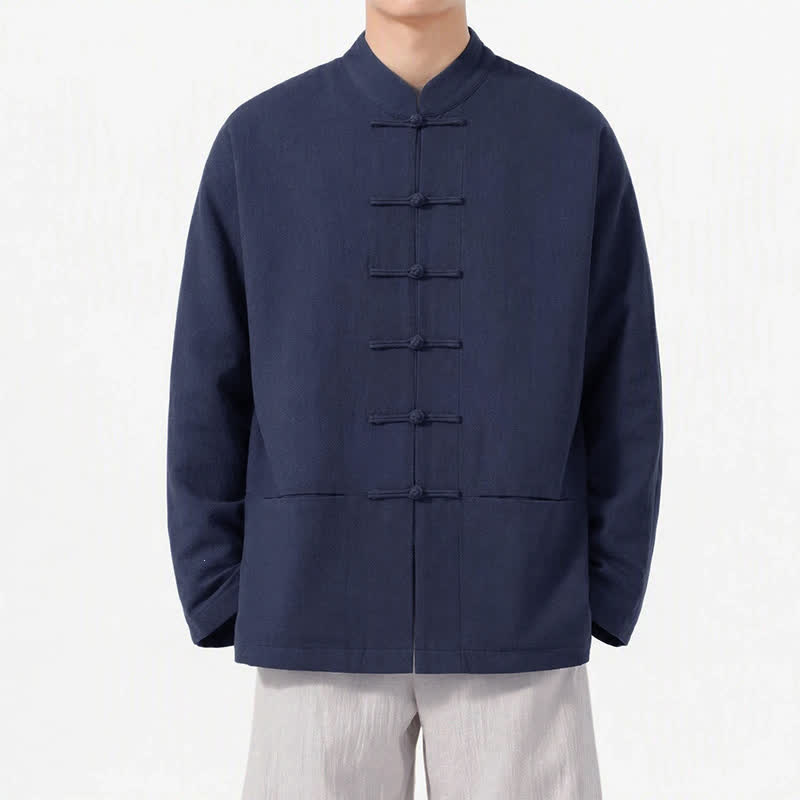 Buddha Stones Frühling Herbst Tang Style Froschknopf Herren Langarmhemden mit Taschen aus einfarbigem Baumwoll-Leinen-Mischgewebe - Mitternachtsblau - US/UK/AU46, EU56 (5XL) - image 0