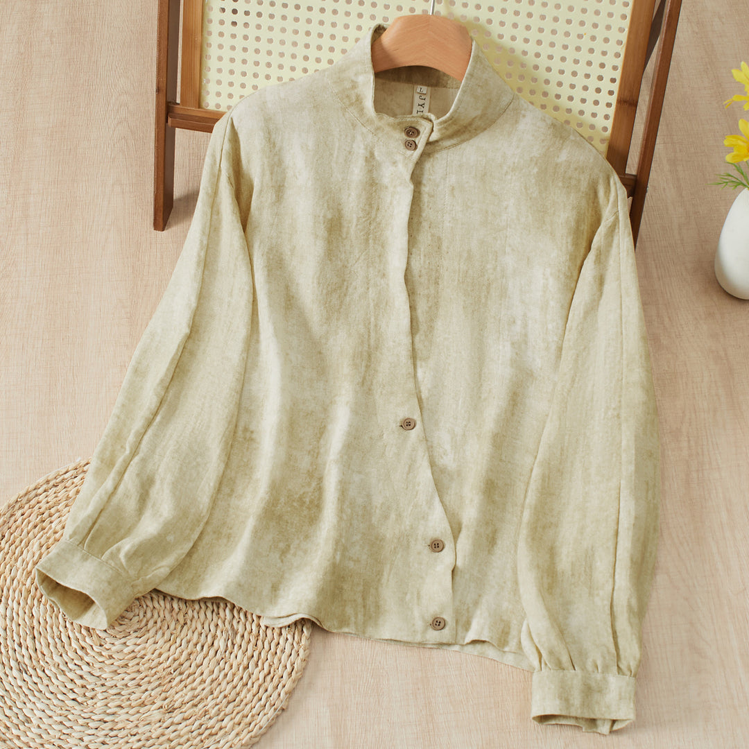 Buddha Stones Lässige Damenblusen im Tang-Stil mit Stehkragen und Knöpfen, langärmlig, einfarbig, für den Herbst. - Beige - US8-10, UK/AU12-14, EU40-42 (2XL) - image 0