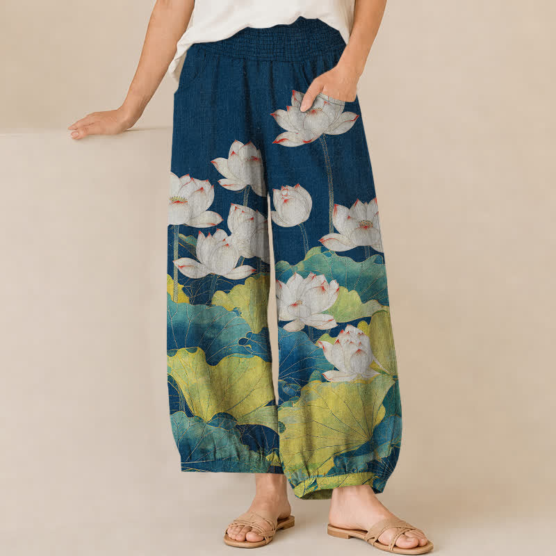 Buddha Stones Damen-Haremshose aus Baumwolle mit Lotus-Teich-Muster, Falten und elastischem Bund, mit Taschen - Marine - US16, UK/AU20, EU48 (3XL) - image 0