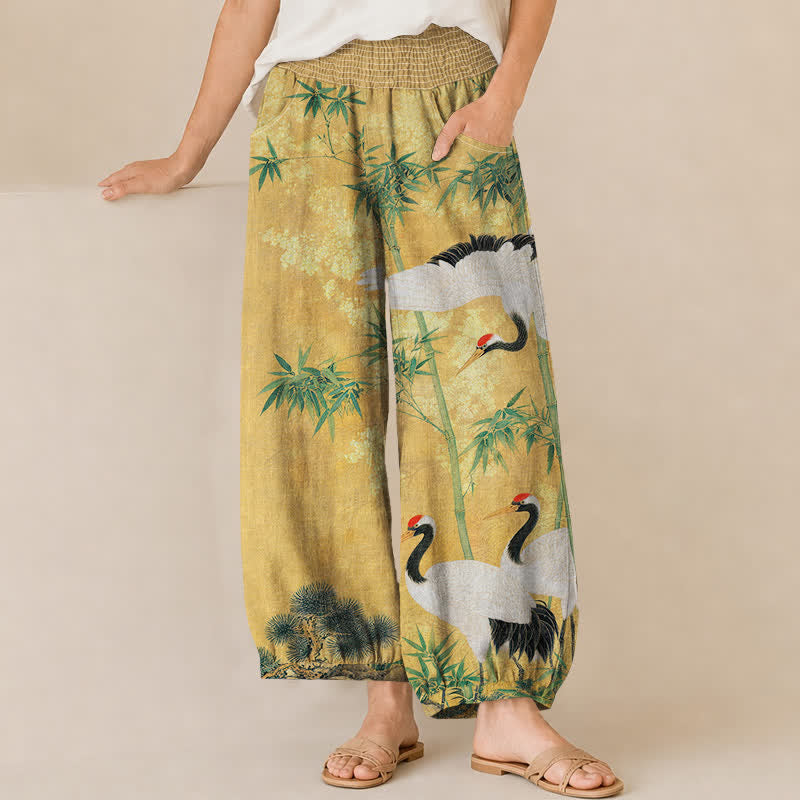 Buddha Stones Baumwoll-Haremshose für Damen mit orientalischem Kranich- und Bambus-Landschaftsmuster, Falten, elastischem Bund und Taschen - Goldrute - US16, UK/AU20, EU48 (3XL) - image 0