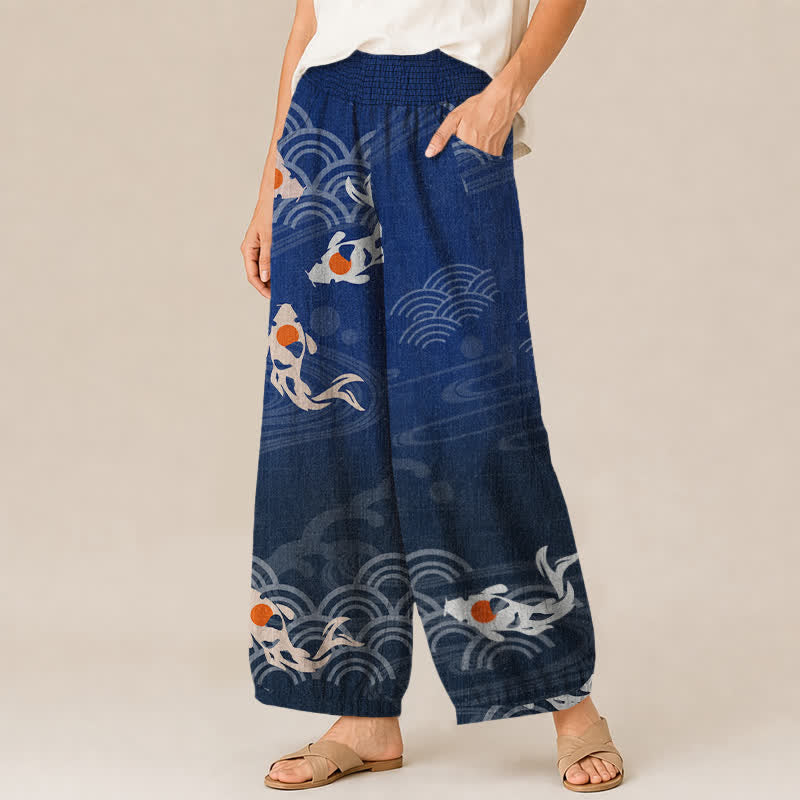 Buddha Stones Baumwoll-Haremshose für Damen mit japanischem Koi-Wellenmuster, Falten, elastischem Bund und Taschen - image 1