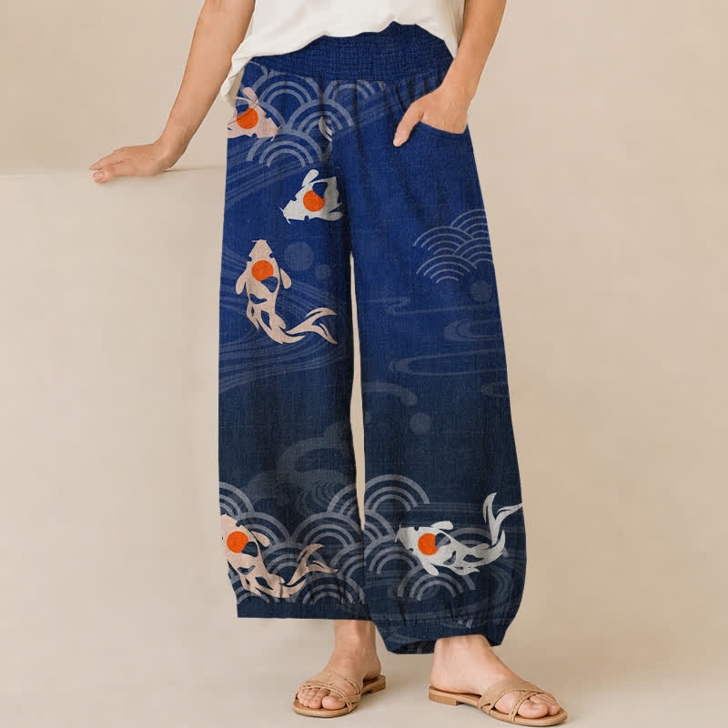 Buddha Stones Baumwoll-Haremshose für Damen mit japanischem Koi-Wellenmuster, Falten, elastischem Bund und Taschen - Marine - US16, UK/AU20, EU48 (3XL) - image 0