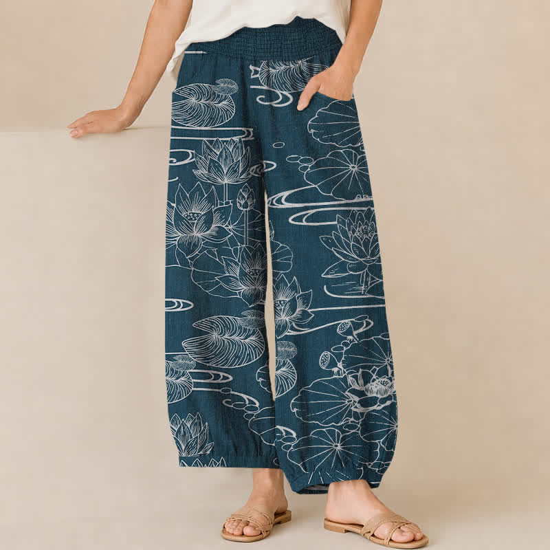 Buddha Stones Haremshose für Damen aus Baumwolle mit Lotusblattmuster, Falten und elastischem Bund, Taschen - Mitternachtsblau - US16, UK/AU20, EU48 (3XL) - image 0