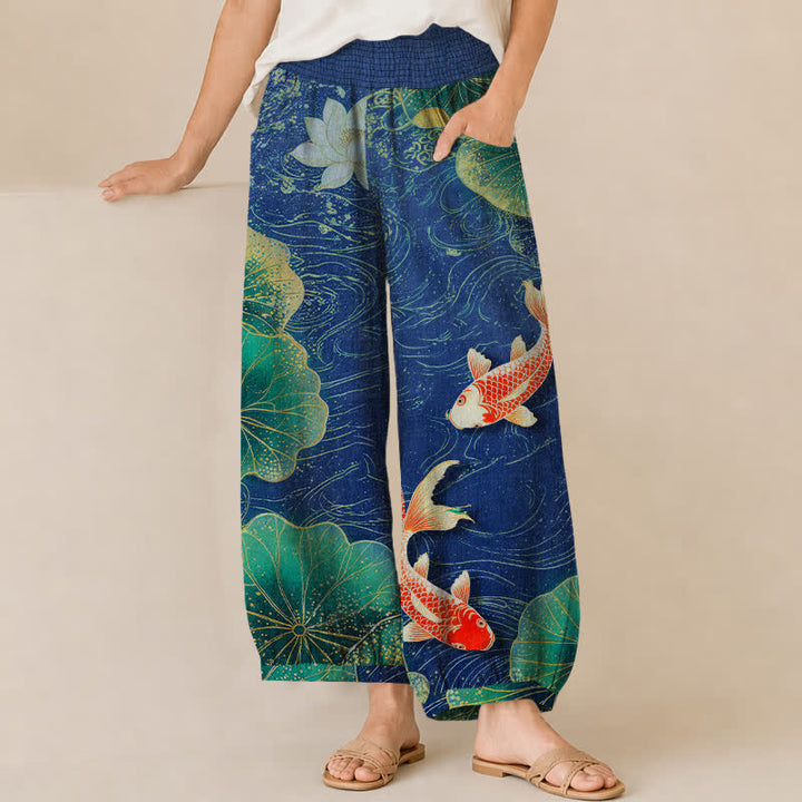 Buddha Stones Baumwoll-Haremshose mit rotem Koi-Fischteich-Muster, Falten und elastischem Bund, Taschen - Marine - US16, UK/AU20, EU48 (3XL) - image 10