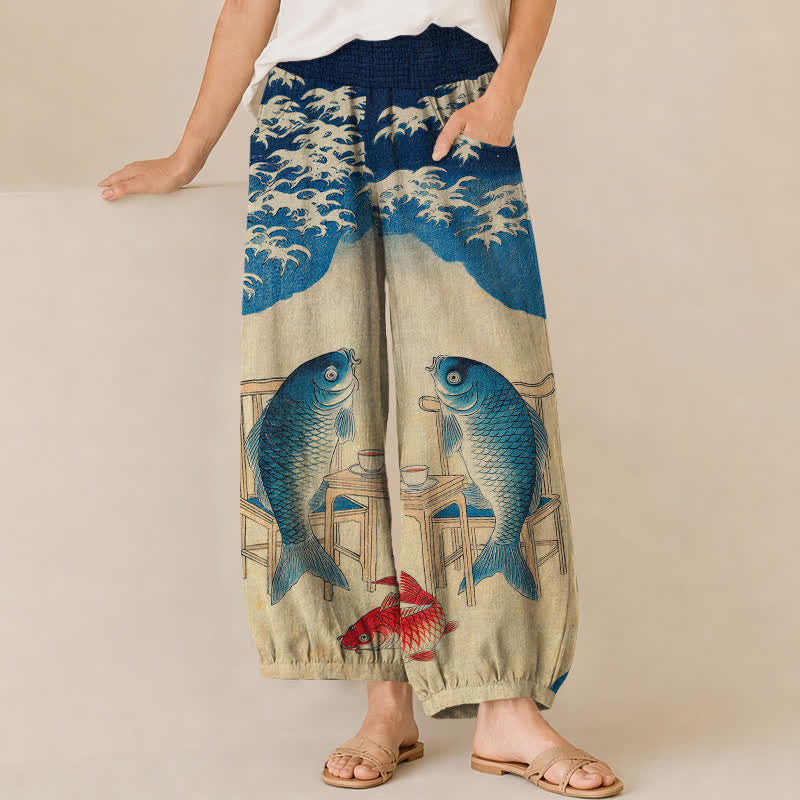 Buddha Stones Damen-Haremshose aus Baumwolle mit Ozean-Koi-Fisch-Wellenmuster, Falten und elastischem Bund, mit Taschen - Marine - US16, UK/AU20, EU48 (3XL) - image 0
