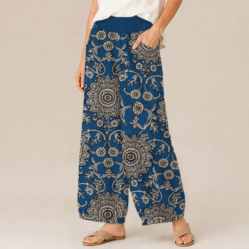 Buddha Stones Baumwoll-Haremshose für Damen mit Vintage-Blumen-Mandala-Muster, Falten, elastischem Bund und Taschen - image 1
