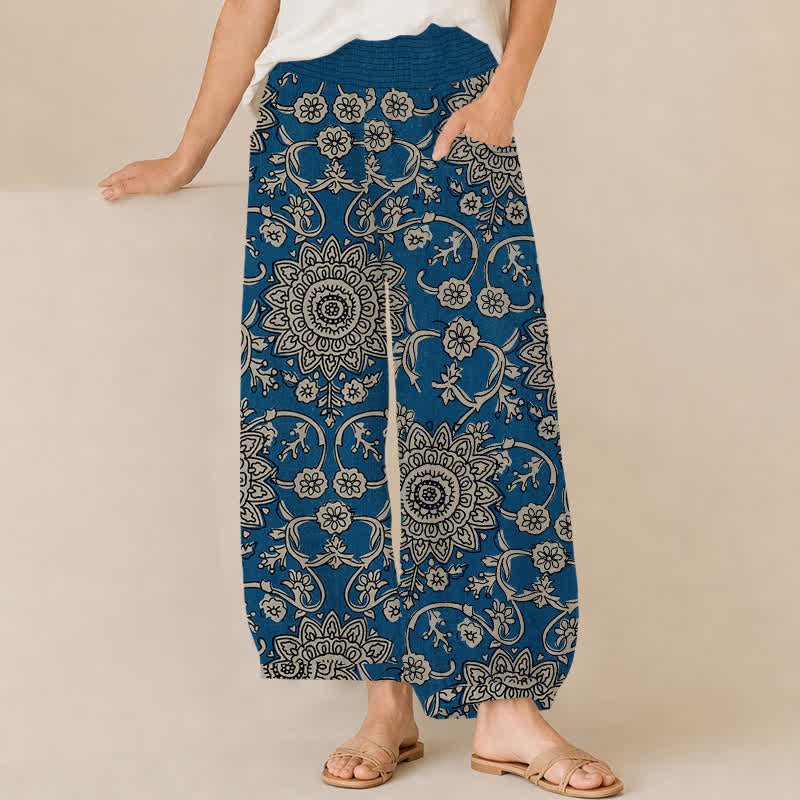 Buddha Stones Baumwoll-Haremshose für Damen mit Vintage-Blumen-Mandala-Muster, Falten, elastischem Bund und Taschen - Mitternachtsblau - US16, UK/AU20, EU48 (3XL) - image 0