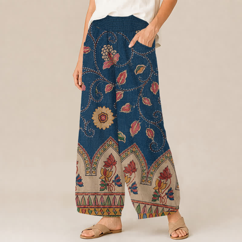 Buddha Stones Baumwoll-Haremshose für Damen mit Vintage-Blumenmuster, roten Blättern, Falten und elastischem Bund, Taschen - image 1