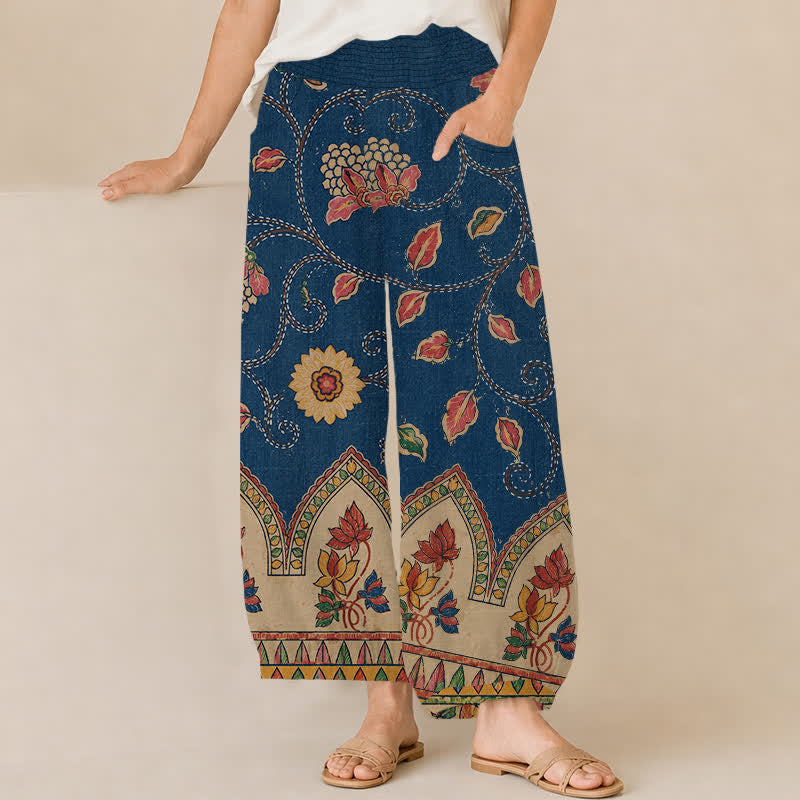 Buddha Stones Baumwoll-Haremshose für Damen mit Vintage-Blumenmuster, roten Blättern, Falten und elastischem Bund, Taschen - Marine - US16, UK/AU20, EU48 (3XL) - image 0