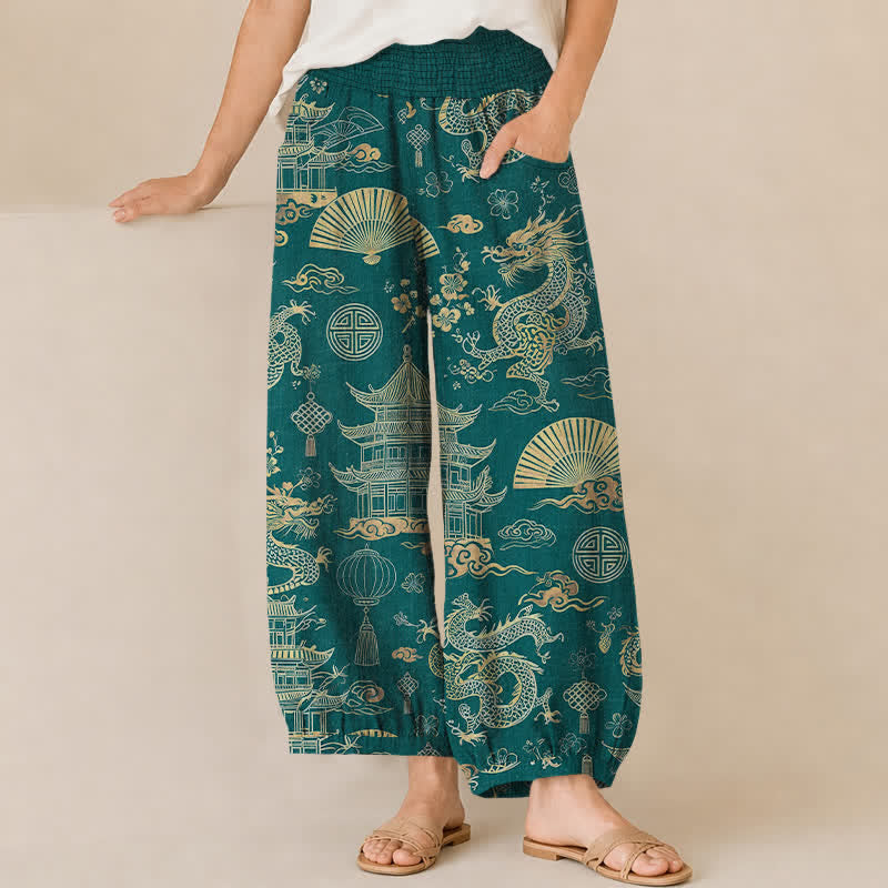 Buddha Stones Baumwoll-Haremshose für Damen mit orientalischem Drachenpalastmuster, Falten, elastischem Bund und Taschen - Türkis - US16, UK/AU20, EU48 (3XL) - image 0