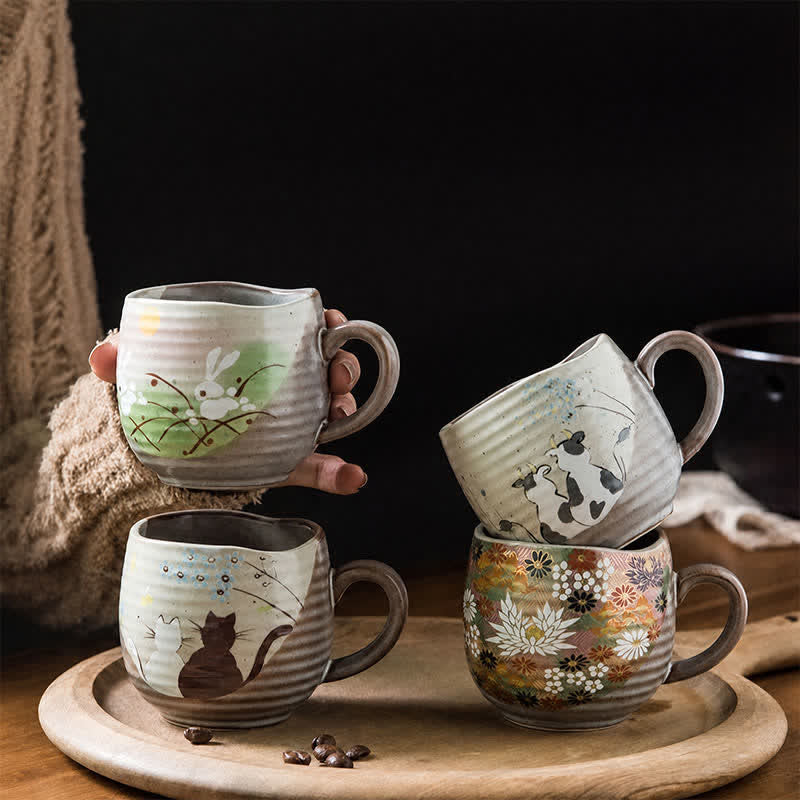 Buddha Stones Japanische Kutani-Teetasse aus Keramik, handbemalt mit Katzen-, Blumen-, Kuh-, Hasen- und Ozeanmuster, handbemalt. - image 0