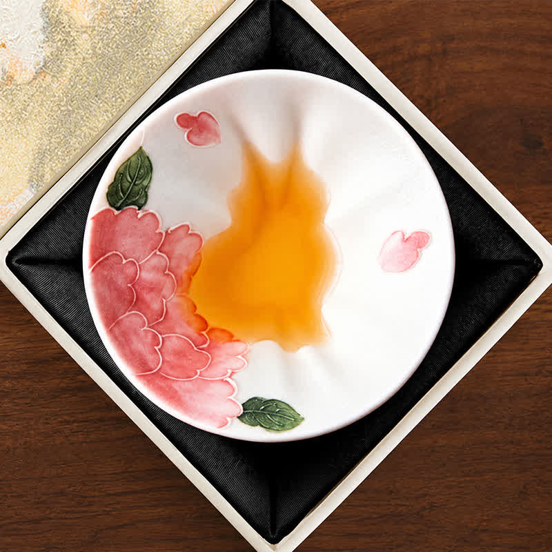 Buddha Stones Handbemalte Keramik-Teetasse mit Katzen- und Blumenmuster, 30 ml - Pfingstrosen im wolkenartigen Gewand (Geschenkbox) - Ca. 30 ml - image 35