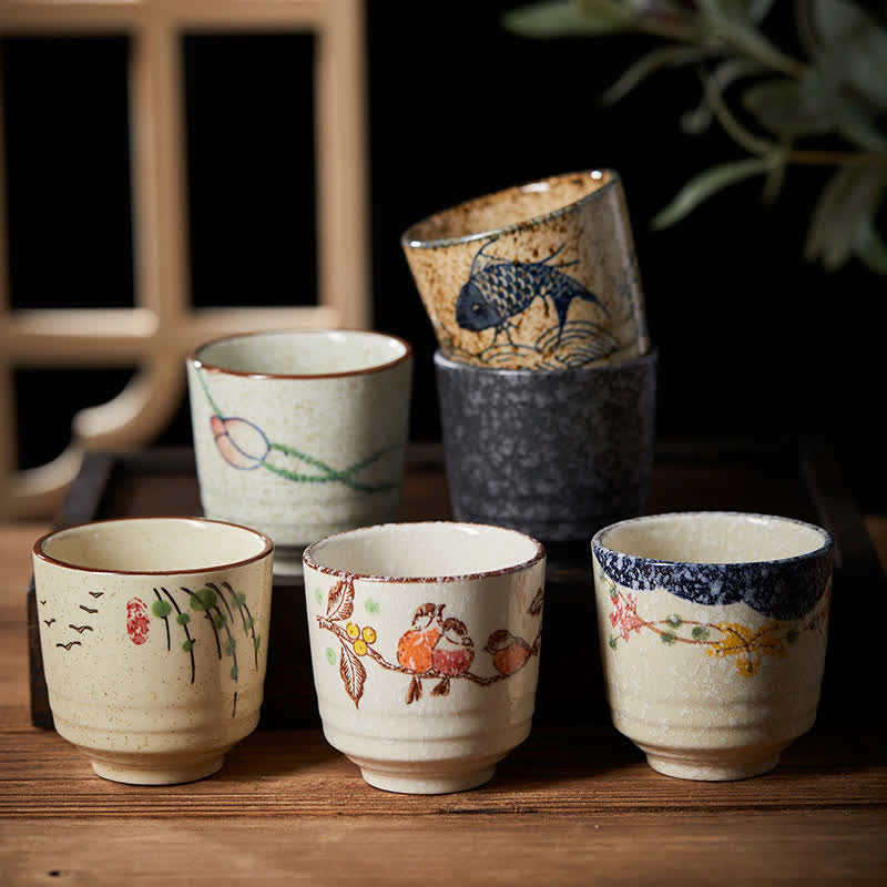 Buddha Stones Handbemalte Teetasse aus Keramik mit Lotusblumen-, Vogel-, Koi- und Weidenmuster, 150 ml - image 0