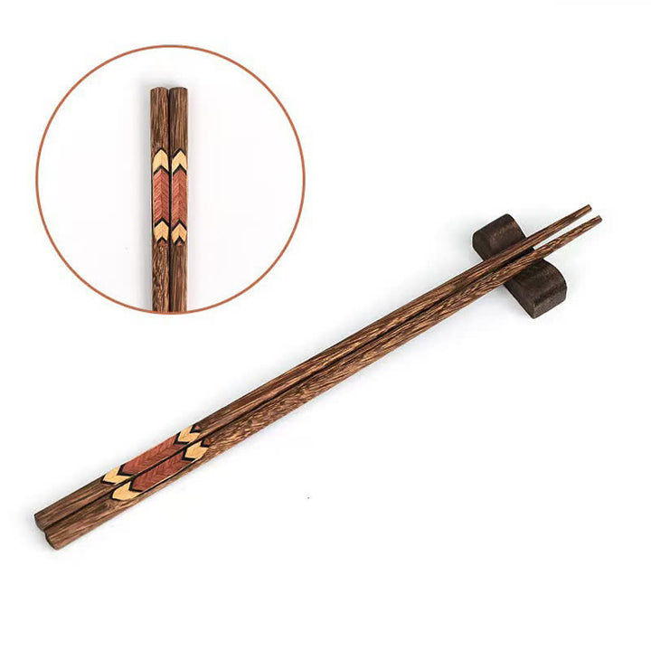 Buddha Stones Essstäbchen im japanischen Retro-Stil aus Wengeholz mit geometrischen Intarsien - Braune schwarze Linien - Set mit 6 Paaren (je ein Stück pro Muster) - image 8