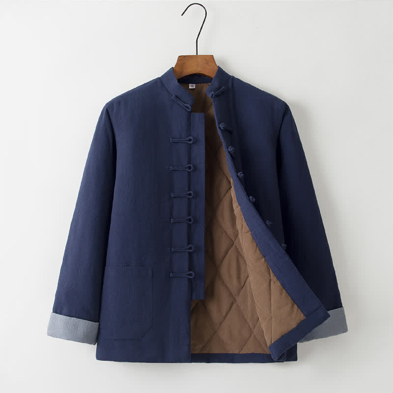 Buddha Stones Lässige Herrenjacke im Tang-Stil mit Stehkragen, Froschknöpfen, dicker Verarbeitung und Taschen für Herbst und Winter - Mitternachtsblau - US/ UK/AU44, EU54 (4XL) - image 0