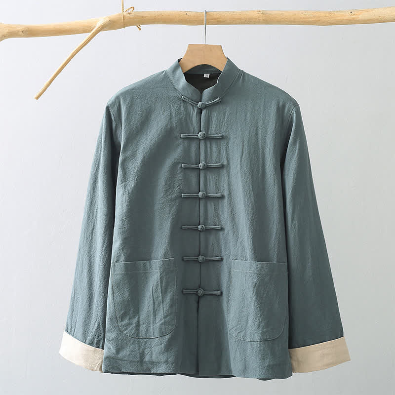 Buddha Stones Lässige Herrenjacke im Tang-Stil mit Stehkragen, Froschknöpfen, Fleecefutter und Tasche aus Baumwoll-Leinen-Mischgewebe, Herbst-Look. - image 1