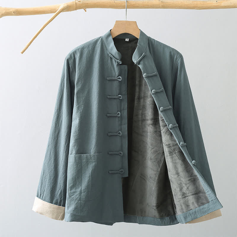 Buddha Stones Lässige Herrenjacke im Tang-Stil mit Stehkragen, Froschknöpfen, Fleecefutter und Tasche aus Baumwoll-Leinen-Mischgewebe, Herbst-Look. - Kadettenblau - US/ UK/AU46, EU56 (5XL) - image 0
