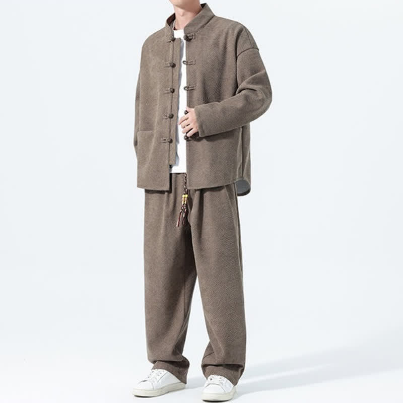 Buddha Stones 2-teiliges Herbst-Winter-Set: Lässige Herren-Meditationsjacke im Tang-Stil mit Mandarin-Kragen, Froschknöpfen und Taschen aus einfarbigem Cord - image 1
