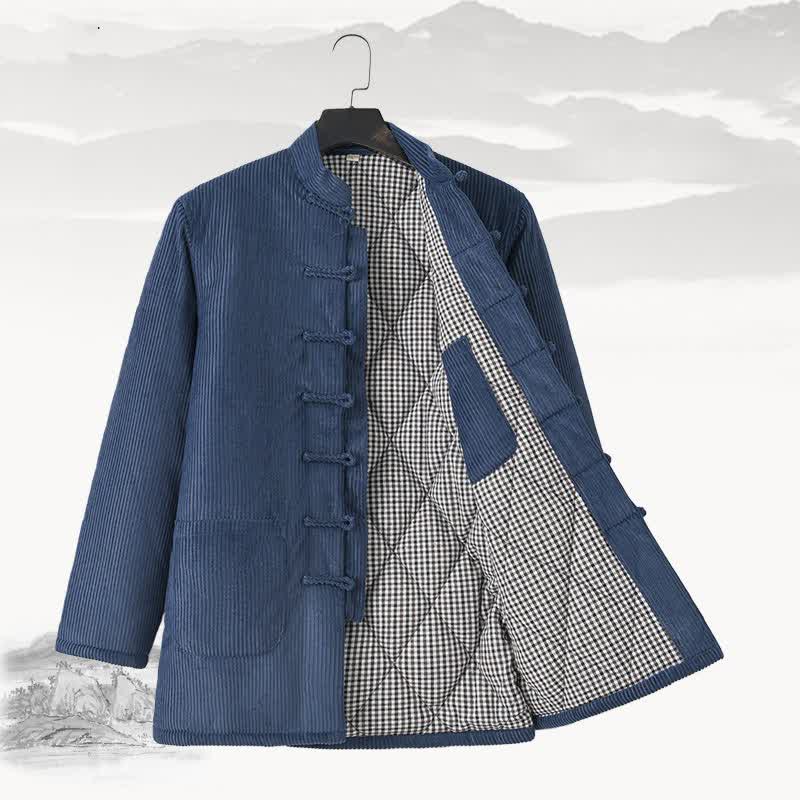 Buddha Stones Herbst/Winter Vintage Herrenjacke im Tang-Stil mit Froschknöpfen, einfarbigem Cord und Taschen - Kornblumenblau - US/ UK/AU44, EU54 (4XL) - image 0