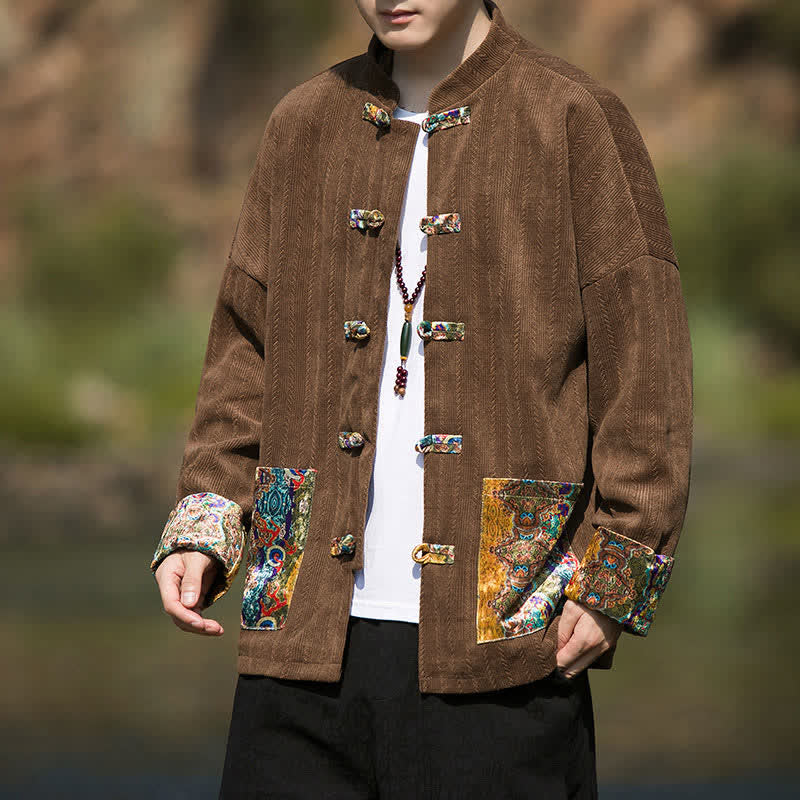 Buddha Stones Lässige Herrenjacke im Tang-Stil mit Froschknopfleiste und farbenfrohen Taschen für Herbst und Winter - Sattelbraun - US/ UK/AU46, EU56 (5XL) - image 0