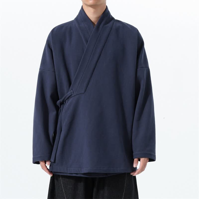 Buddha Stones Herbst/Winter Tang Style Minimalistischer Kimono mit Kordelzug, einfarbig, dick gefüttert, für Herren - Mitternachtsblau - US/ UK/AU46, EU56 (5XL) - image 0