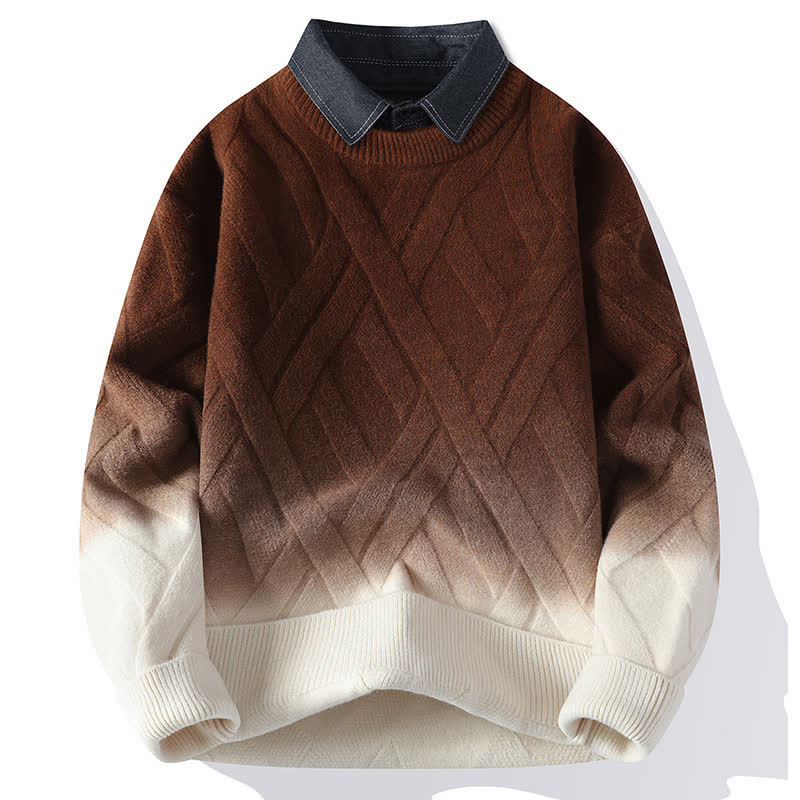 Buddha Stones Lässiger Vintage-Pullover mit Kragen und Farbverlauf sowie kontrastierenden Streifen für Herren – Herbst/Winter - Sattelbraun - US/ UK/AU44, EU54 (4XL) - image 0
