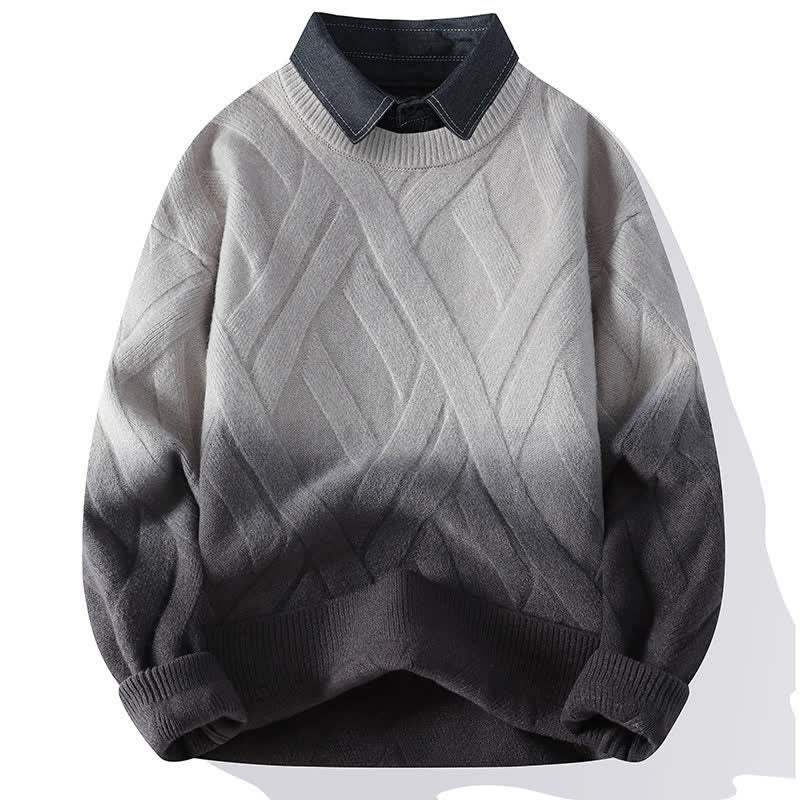 Buddha Stones Lässiger Vintage-Pullover mit Kragen und Farbverlauf sowie kontrastierenden Streifen für Herren – Herbst/Winter - Grau - US/ UK/AU44, EU54 (4XL) - image 1