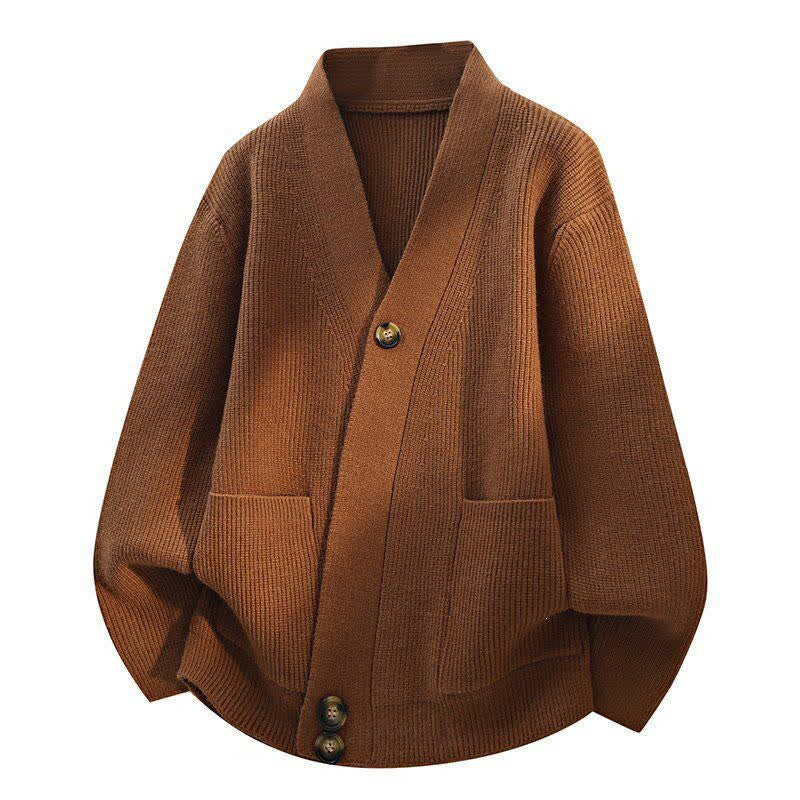 Buddha Stones Lässiger, einfarbiger Strickcardigan mit Knöpfen und Taschen für Herren – Herbst/Winter - Sattelbraun - US/ UK/AU42, EU52 (3XL) - image 0