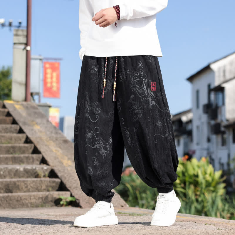 Buddha Stones Lässige Vintage-Haremshose mit Kordelzug und elastischem Bund für Herren, ideal für Frühling und Herbst, mit Taschen - Schwarz - US/ UK/AU52, EU62 (8XL) - image 0