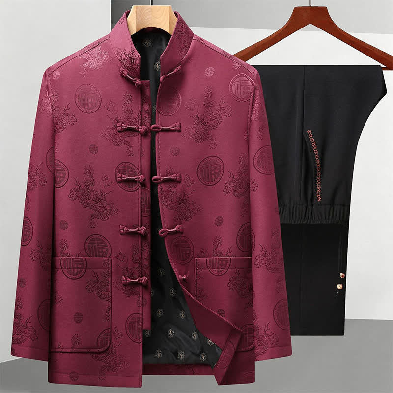 Buddha Stones 2-teiliges Herbst-Winter-Meditationstuch im Tang-Stil, Vintage-Mandarinkragen, Froschknöpfe, geometrisches Fu-Charakter-Drachenmotiv, Herren mit Taschen - Burgunderrote Jacke, schwarze Hose - US/ UK/AU44, EU54 (4XL) - image 0