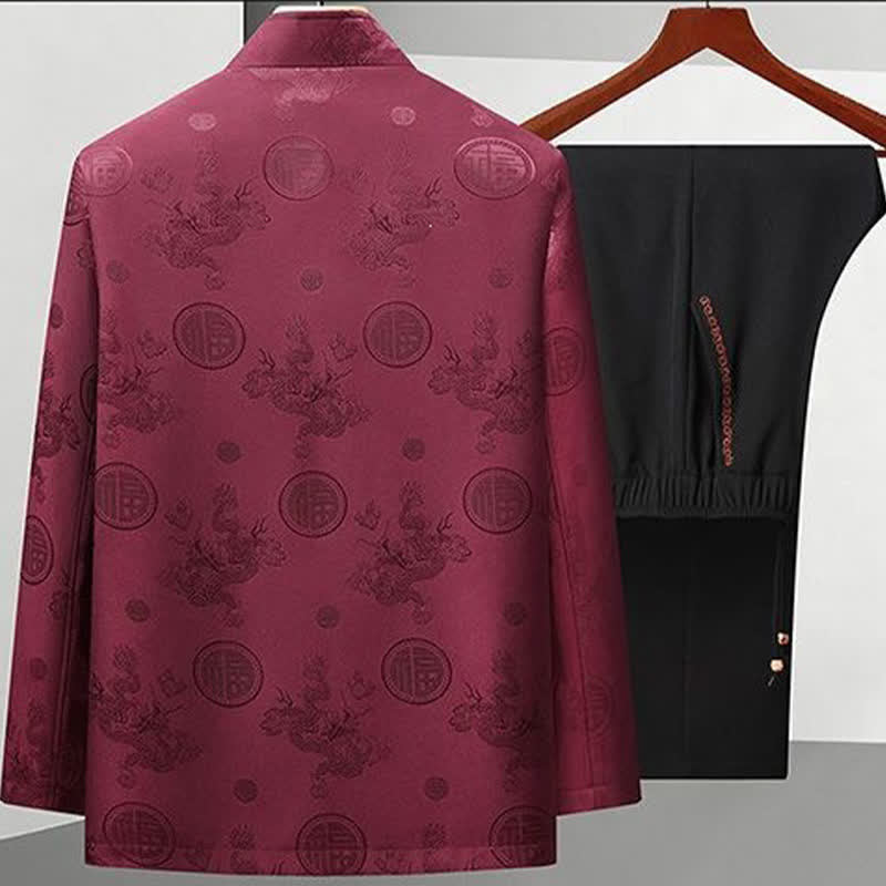 Buddha Stones 2-teiliges Herbst-Winter-Meditationstuch im Tang-Stil, Vintage-Mandarinkragen, Froschknöpfe, geometrisches Fu-Charakter-Drachenmotiv, Herren mit Taschen - image 1