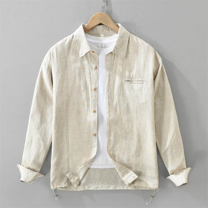 Buddha Stones Lässiges, minimalistisches Langarmhemd für Herren mit Knopfleiste und Kordelzug für den Frühling - Beige - US/ UK/AU42, EU52 (3XL) - image 0