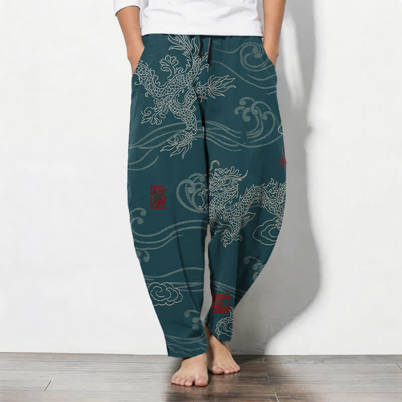 Buddha Stones Herrenhose aus reiner Baumwolle mit Drachen- und Wolkenmuster, Kordelzug, schmal zulaufendem Schnitt und Taschen - Türkis - US/ UK/AU50, EU60 (5XL) - image 0