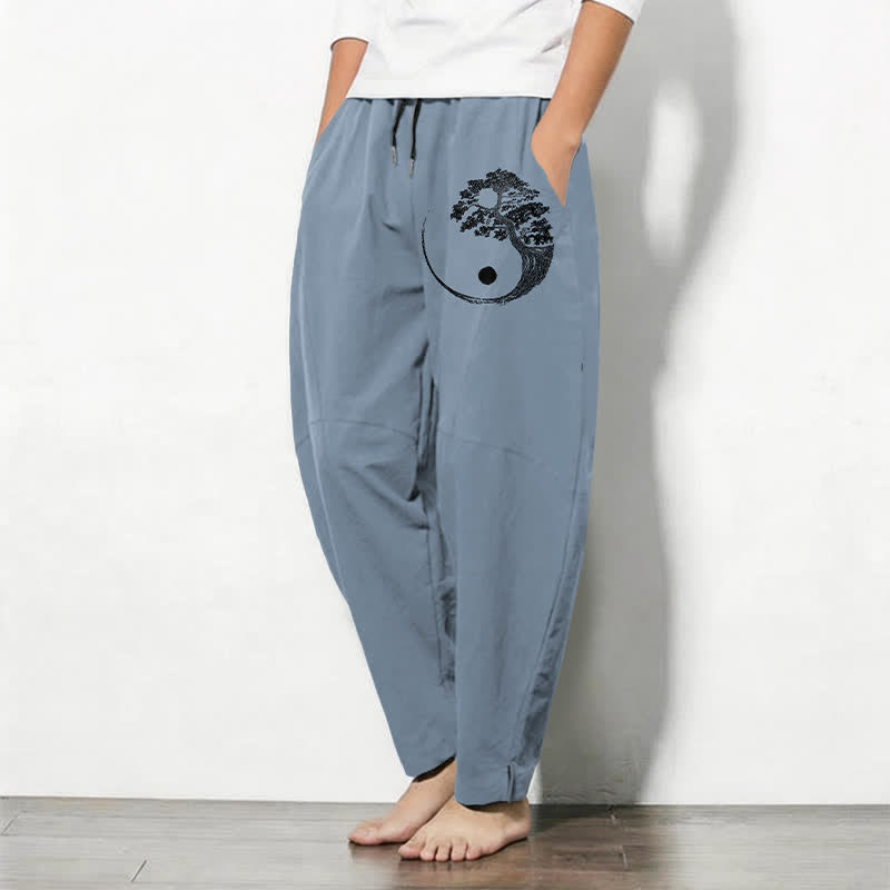 Buddha Stones Herrenhose aus reiner Baumwolle mit Yin-Yang-Muster (Tinte Mountain), Kordelzug, schmal zulaufendem Schnitt und Taschen - image 1