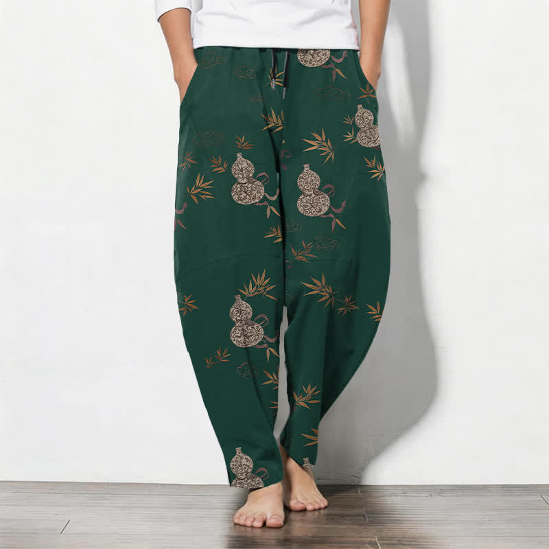 Buddha Stones Herrenhose aus reiner Baumwolle mit Bambusblatt- und Kürbisrankenmuster, Kordelzug, schmal zulaufender Schnitt und Taschen - Dunkelgrün - US/ UK/AU50, EU60 (5XL) - image 0