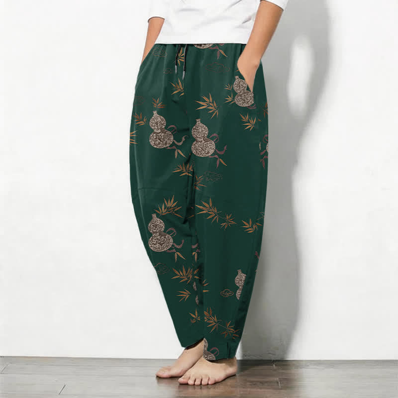 Buddha Stones Herrenhose aus reiner Baumwolle mit Bambusblatt- und Kürbisrankenmuster, Kordelzug, schmal zulaufender Schnitt und Taschen - image 1