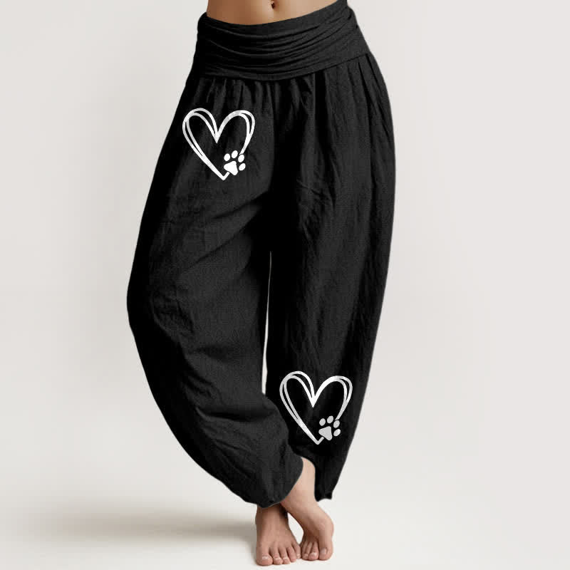 Buddha Stones Damen-Haremshose aus reiner Baumwolle mit minimalistischem Herz- und Pfotenmuster sowie elastischem Bund - Schwarz - US16, UK/AU20, EU48 (3XL) - image 0