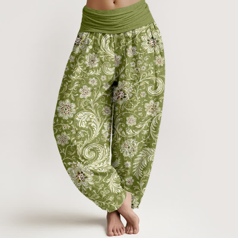 Buddha Stones Baumwoll-Haremshose im Boho-Stil mit Tang-Dynastie-Blumen-, Blatt- und Rankenmuster sowie elastischem Bund. - Olivgrün - US16, UK/AU20, EU48 (3XL) - image 0