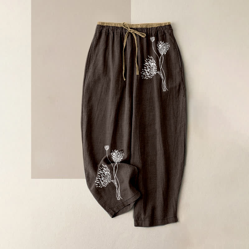 Buddha Stones Damenhose aus reiner Baumwolle mit minimalistischem Blumenmuster, elastischem Bund und Taschen - Sattelbraun - US16, UK/AU20, EU48 (3XL) - image 0