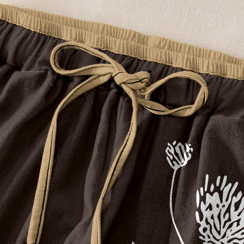 Buddha Stones Damenhose aus reiner Baumwolle mit minimalistischem Blumenmuster, elastischem Bund und Taschen - image 1