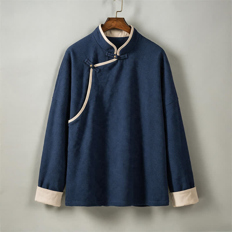Buddha Stones Herbst/Winter Lässige Vintage-Cordjacken im Tang-Stil mit Stehkragen, kontrastierenden Bündchen und einfarbigem Material - Mitternachtsblau - US/ UK/AU46, EU56 (5XL) - image 0