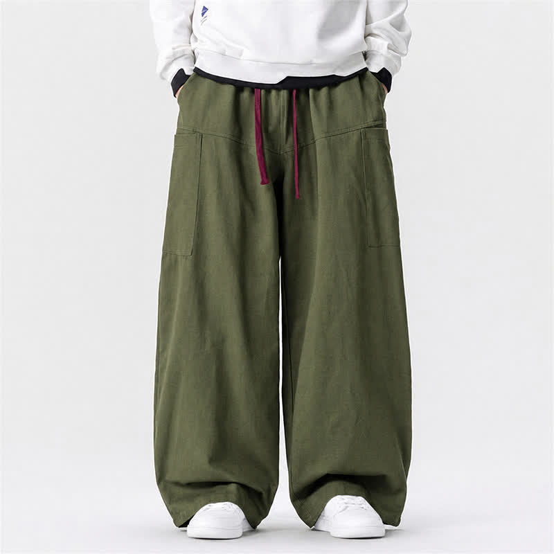 Buddha Stones Lässige lange Herrenhose mit Kordelzug, weitem Bein und Taschen - Dunkelolivgrün - US/ UK/AU46, EU56 (5XL) - image 0