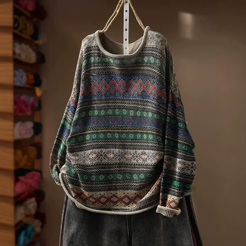 Buddha Stones Lässige Herbst-Strickmode mit Vintage-Muster, geometrischen Streifen und Rundhalsausschnitt für Damen - Bräunen - US4-8/10, UK/AU8-12/14, EU36-40/42 (F) - image 0
