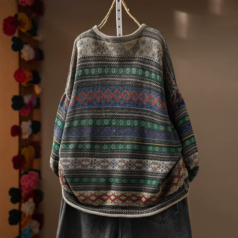Buddha Stones Lässige Herbst-Strickmode mit Vintage-Muster, geometrischen Streifen und Rundhalsausschnitt für Damen - image 1