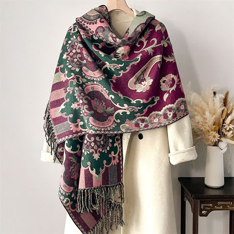 Buddha Stones Vintage-Schal für Damen mit Paisley-Blumenmuster und Quasten für Herbst und Winter - Mittelviolettrot - Ca. 65 cm × 200 cm - image 0