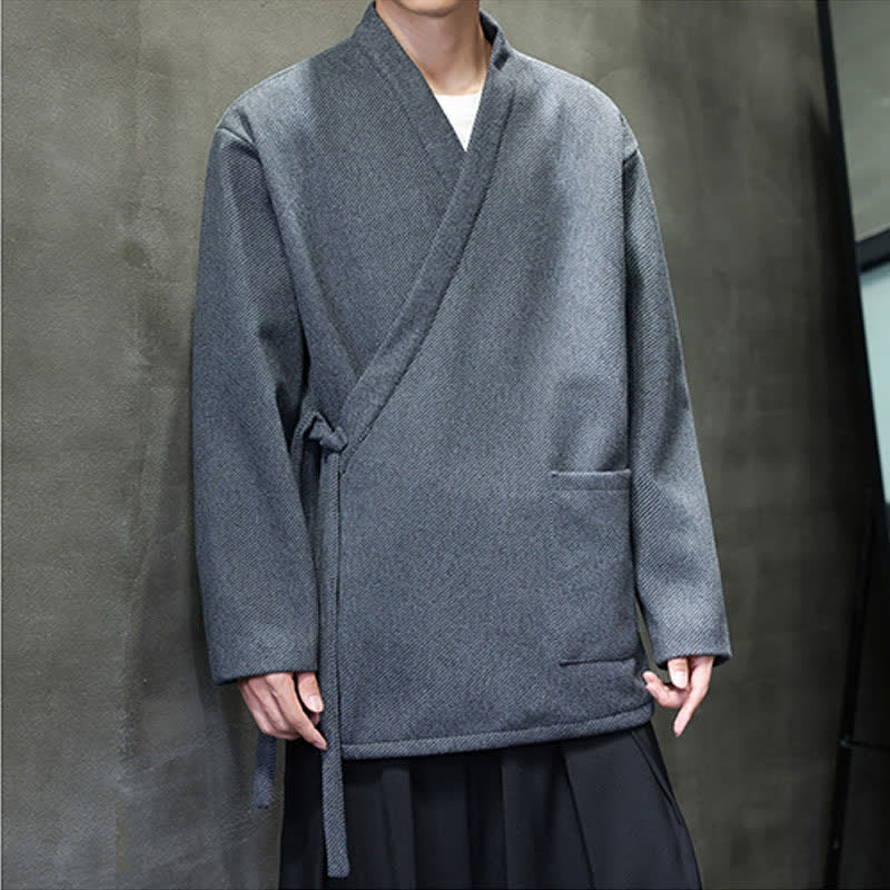 Buddha Stones Minimalistischer, einfarbiger Herrenkimono mit Schnürung und Taschen für Herbst und Winter - DimGray - US/ UK/AU48, EU58 (4XL) - image 0