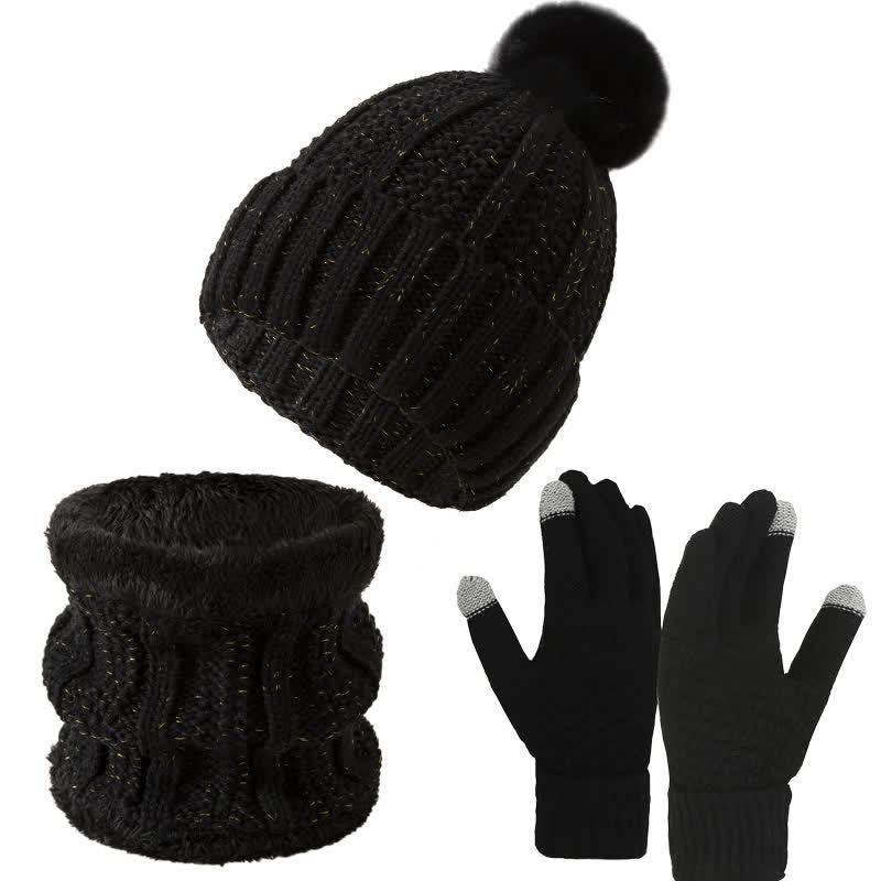 Buddha Stones Winterstrickmütze, Schal und Handschuhe mit Bommel, Zopfmuster und Rippenmuster für Damen - Schwarzes dreiteiliges Set - image 1