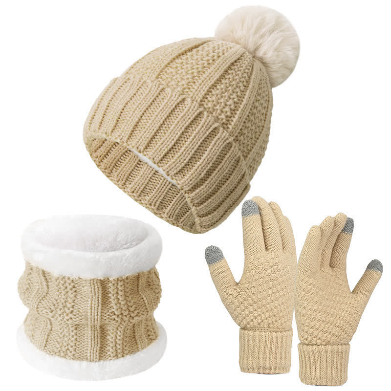 Buddha Stones Winterstrickmütze, Schal und Handschuhe mit Bommel, Zopfmuster und Rippenmuster für Damen - Beiges dreiteiliges Set - image 0