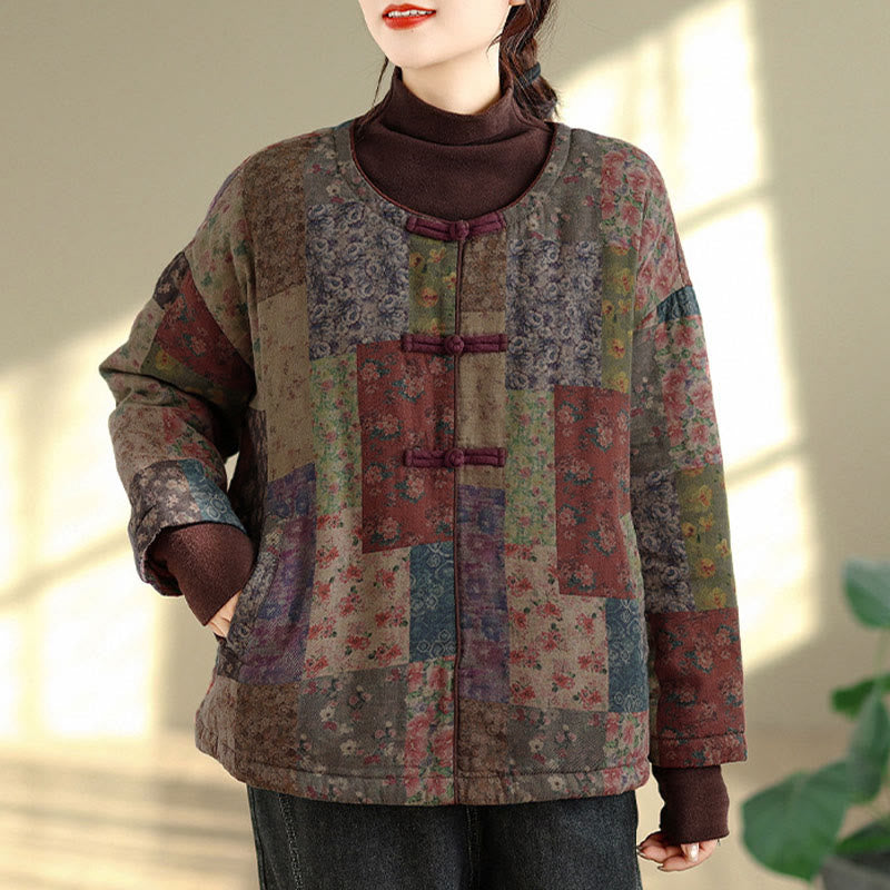 Buddha Stones Vintage-Damenjacke im Tang-Stil mit Froschknopf-Patchwork-Design und Taschen für Herbst und Winter - image 1